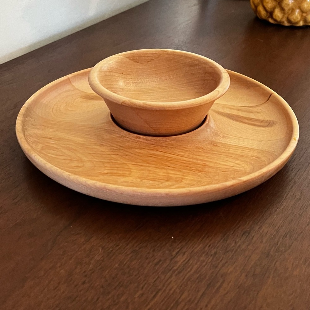 Woodbury Woodware Burlington VT Chip & Dip Set Handturned Wood 9 1/2” tray EUC
